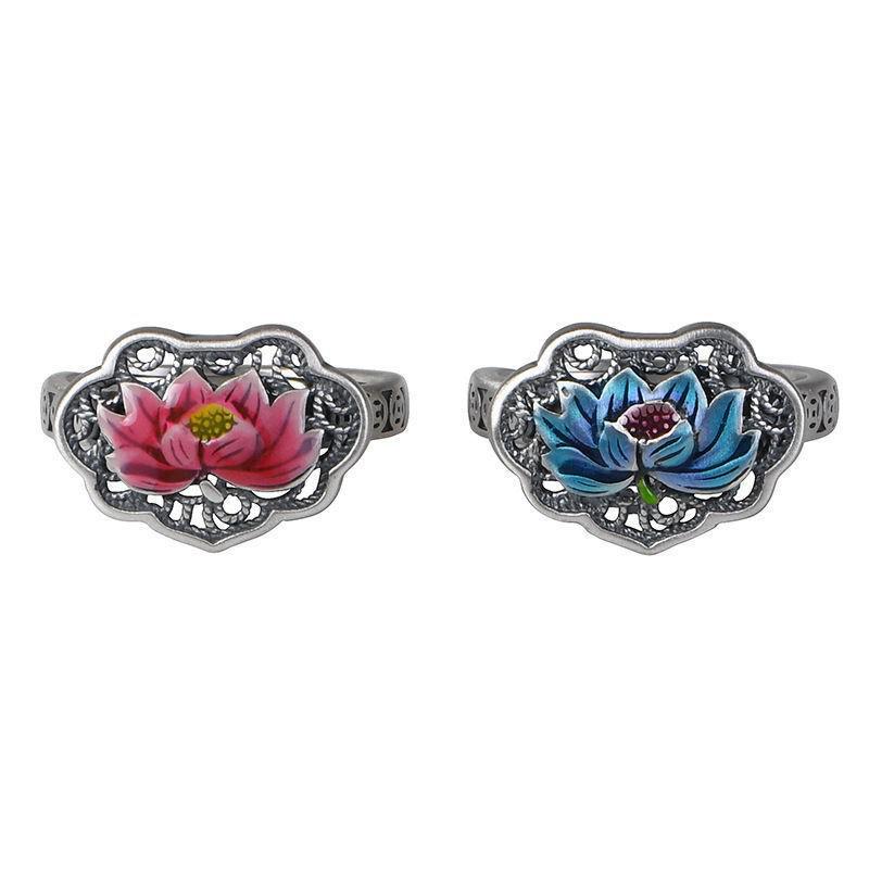 Retro Blue Lotus Adjustable Ring - Hollow Design, Simple & Versatile for Women