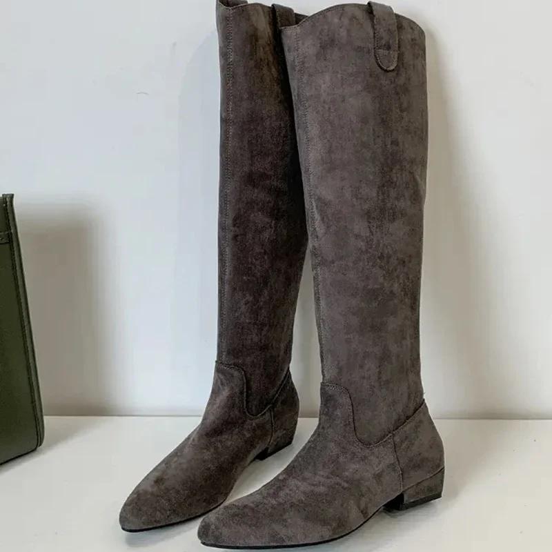 Vintage Women Western Knee High Boots Fashion Pleated Long Booties Concise Square Low Heels Shoes