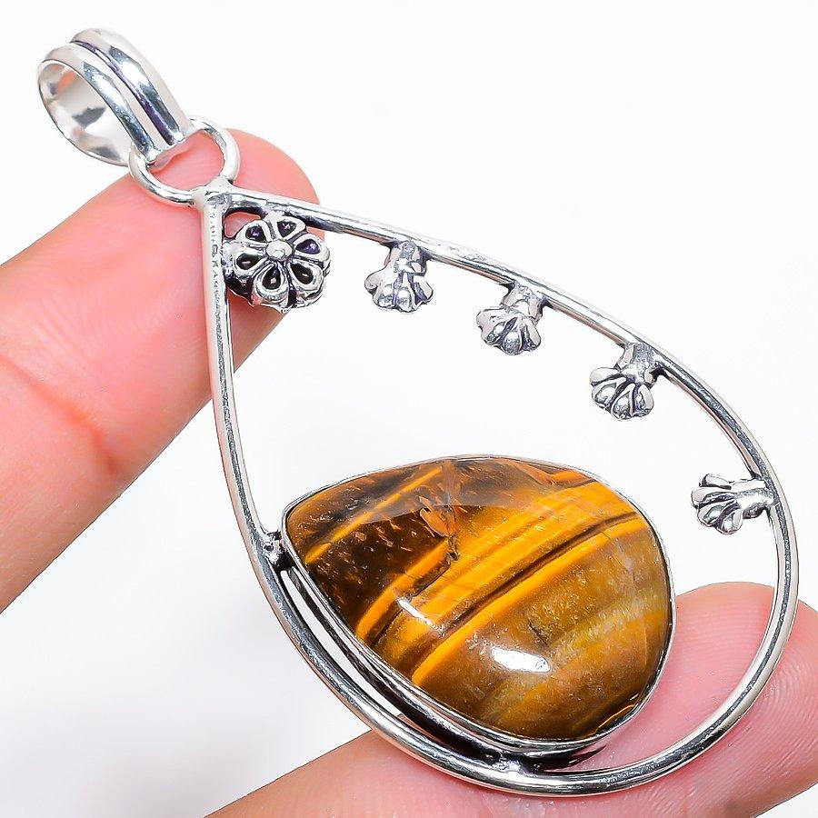 Tiger Eye Gemstone Handmade 925 Sterling Silver Jewelry Pendant 2.60"