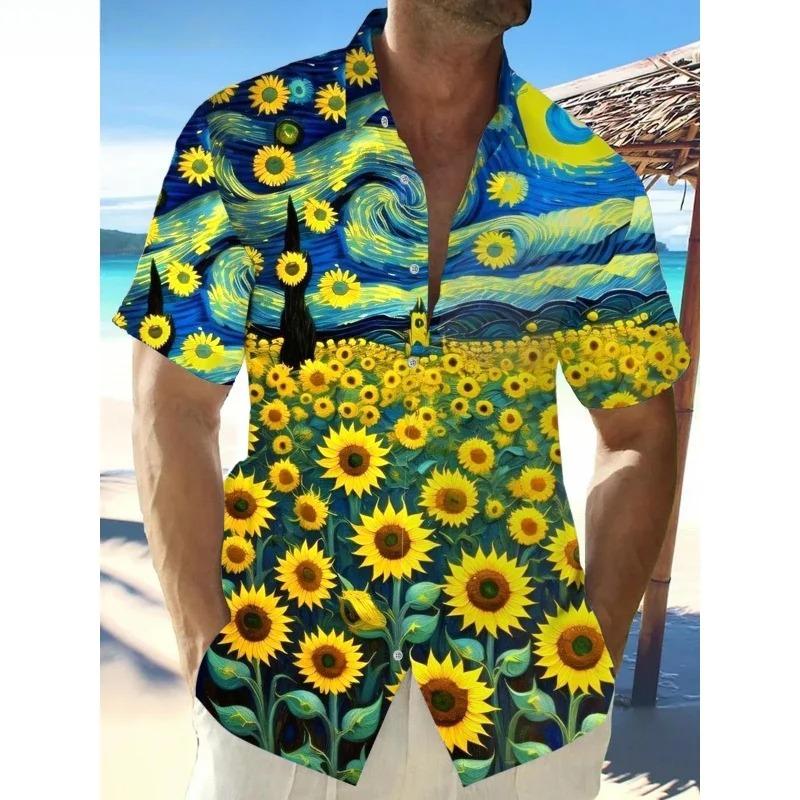 Dreamy Village Pattern Lapel Shirt for Men Flower Bird Boat 3D Printed Hawaiian Shirts Fashion Short Sleeve Tops Button Blouse