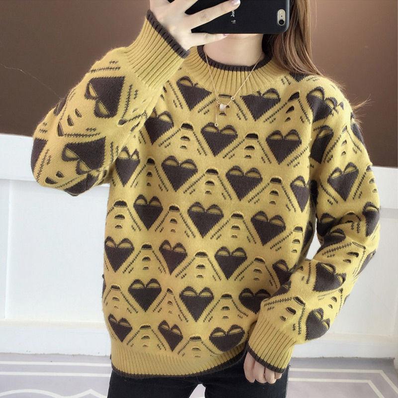 Half High Neck Sweater Loose and Slim Contrast Jacquard Knit Autumn and Winter New Bottoming Shirt Top Women All-match