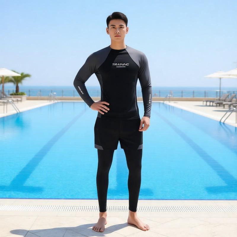 Men's Gray Long-sleeved Swimsuit Suit Set Boys Sunscreen Surfing Adult Anti-embarrassment Swimming Pants