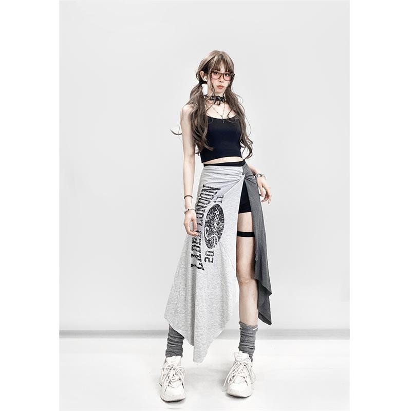 Women s Retro Irregular Letter Print Skirt - European and American Style S серый