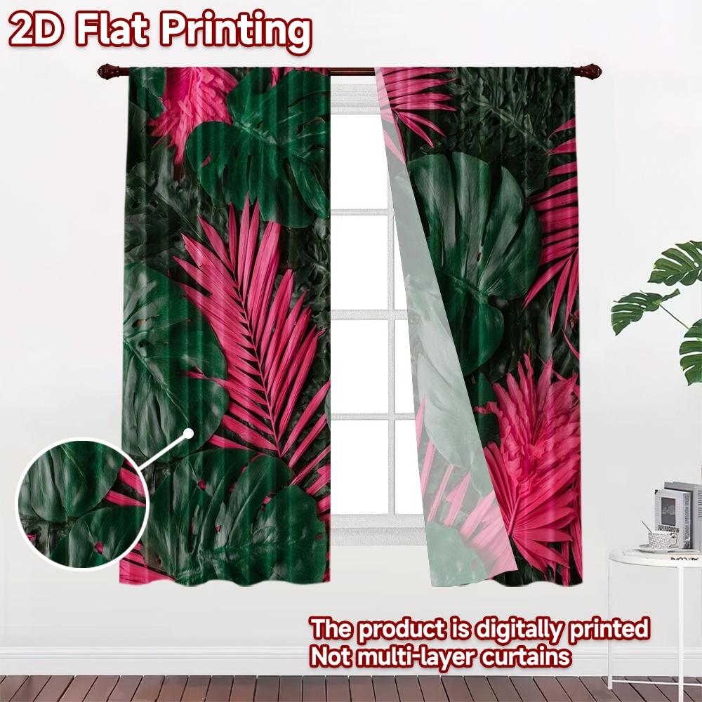 2D Flat Printing 2pcs Curtain Party Curtain Tropical Green and Pink Leaves Digital Printed Polyester Drapes Festive Curtains