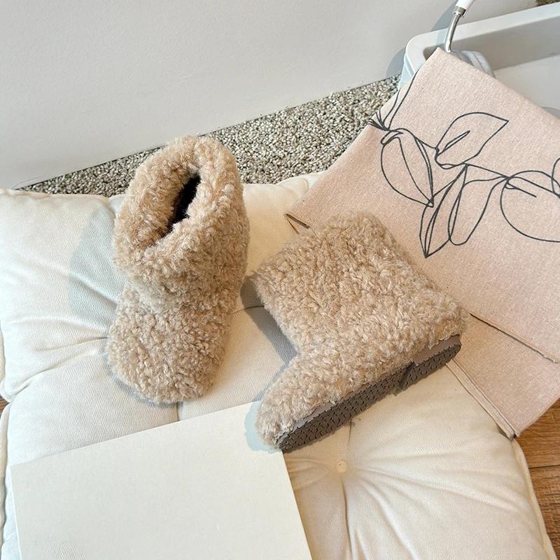 Luxury Thick Teddy Fur Boots Baby Girl Fluffy Warm Plush Booties Toddler Child Winter Brand Design Round Toe Slip-on Cotton Shoe