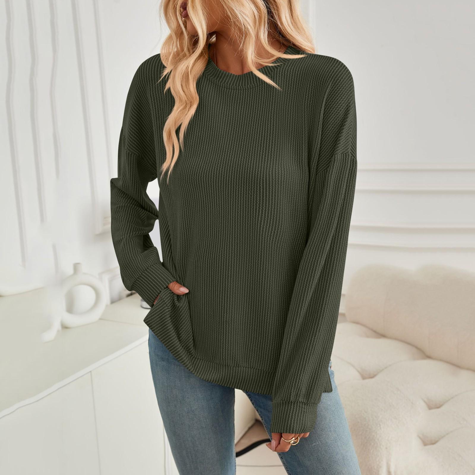 Женская мода круглый вырез в полоску с разрезом длинный рукав свободный свитшот топ — фото 5