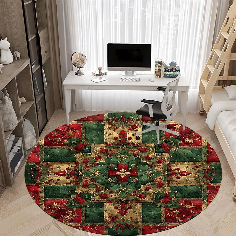 1pc Christmas Quilt Office Round Rug, Carpet for Office, Gaming, Lightweight Round Floor Mat yy260205062