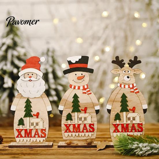 Handmade Tiered Wood Trays Nordic Style Wooden Christmas Ornaments, Cute Santa Claus/Snowman/Reindeer Party Home Accents Figurine for Holiday