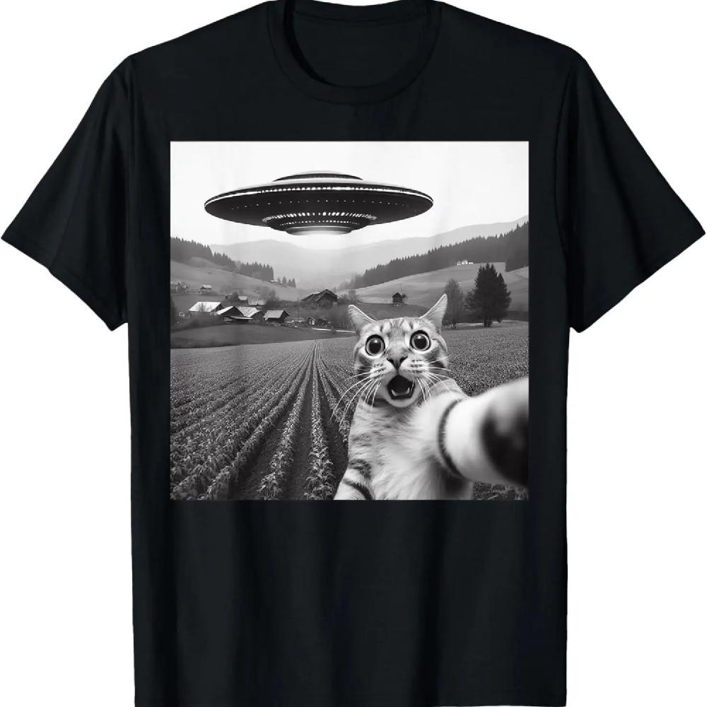

Кошачье селфи с инопланетным НЛО, смешные кошачьи подарки для мужчин, женщин, детей, футболка XXXL чёрный