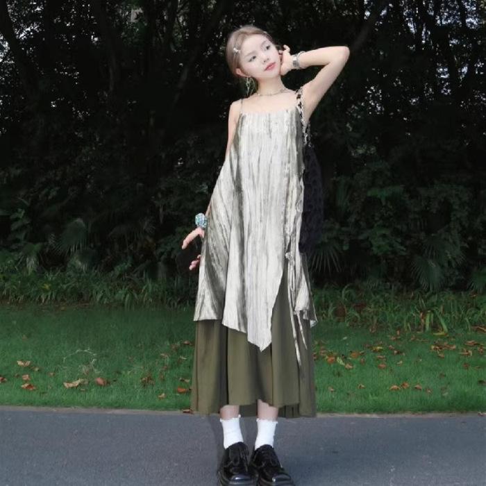 French retro tie-dye dress women s summer loose and thin suspender long dress design skirt S