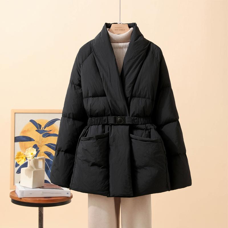 Women Down Jacket Casual Loose Belt V Neck Collar Fashion Autumn Winter Outwear Coat