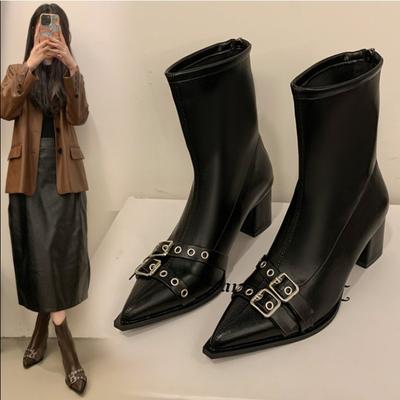 Mode High Heels Stiefeletten Damen Klobig Spitzleder Schuhe Frau 2025Trend Winter Pumps Goth Mode Chelsea