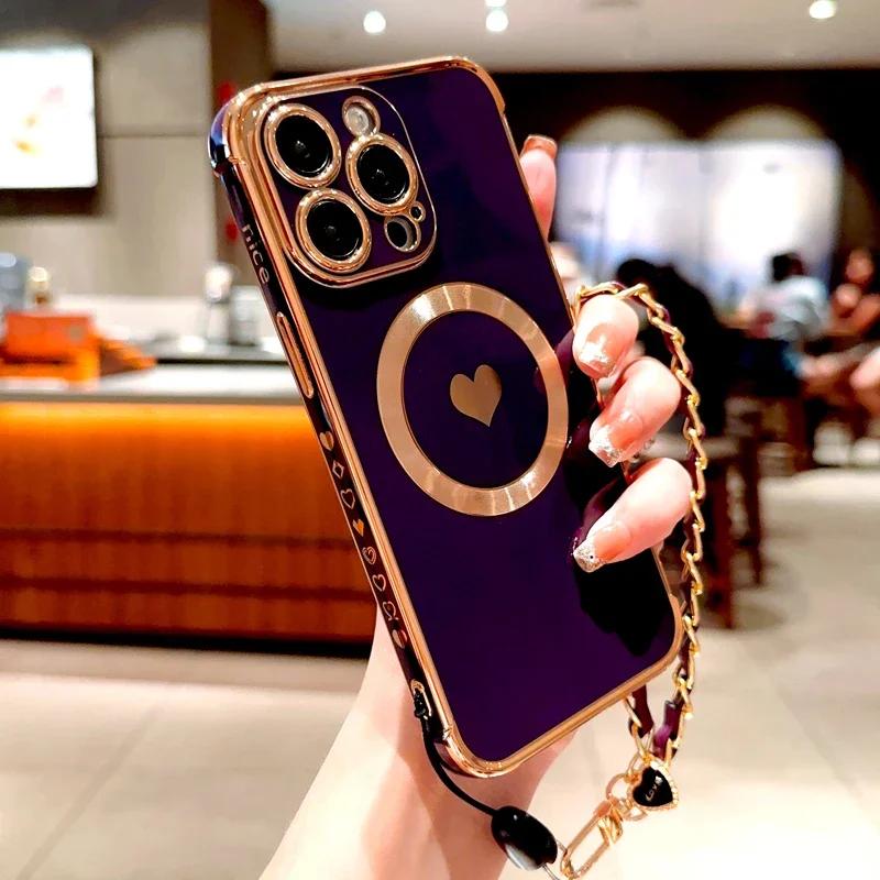 Plating TPU Case For iPhone 17 16 15 14 13 12 Pro Max Plus Air 16Pro 15Pro 14Pro for Magsafe Charge Wrist Lanyard Bracelet Cover