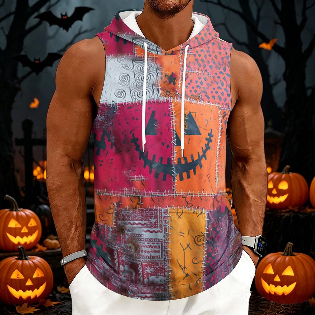 Men's Casual Sleeveless Hoodie with Drawstring Hood Halloween Themed Graphic Print Lightweight Pullover Vest for Everyday Wear