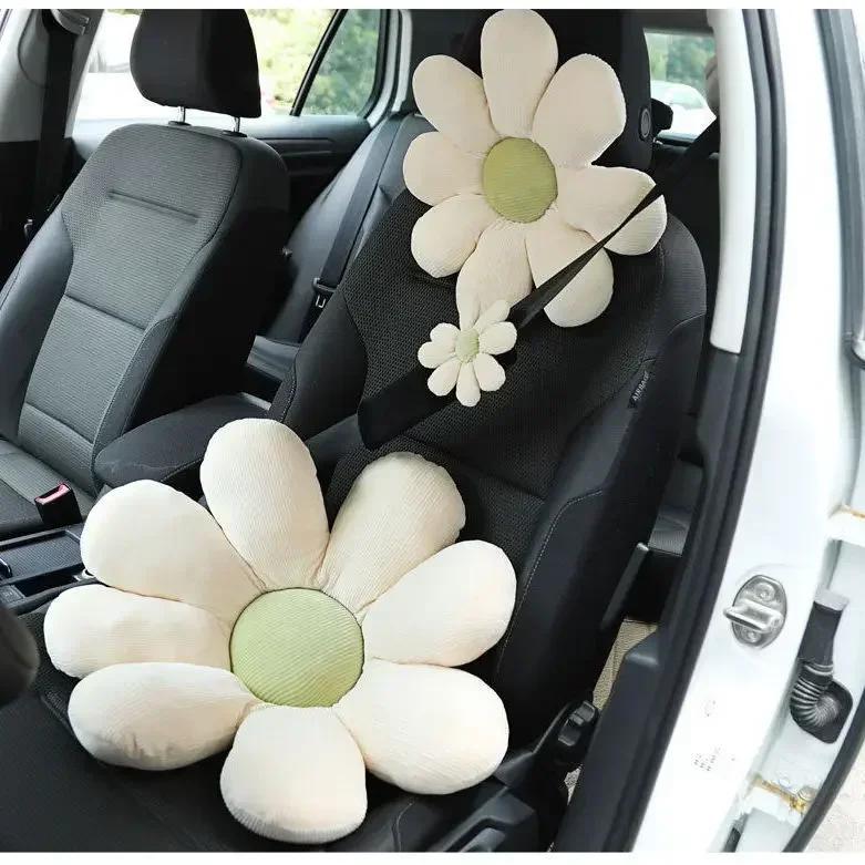 Cute Flower Car Neck Pillow Cushion Soft Car Headrest Waist Pillow Safety Seat Belt Shoulder Pad Car Accessories for Girls Women