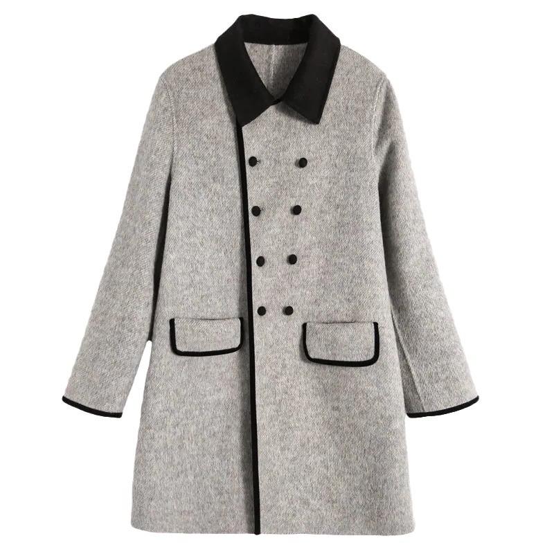 Women Fall Winter Wool Jacket Vintage Long Outwear Korean Horn Button Elegant Mujer Thick Windbreaker