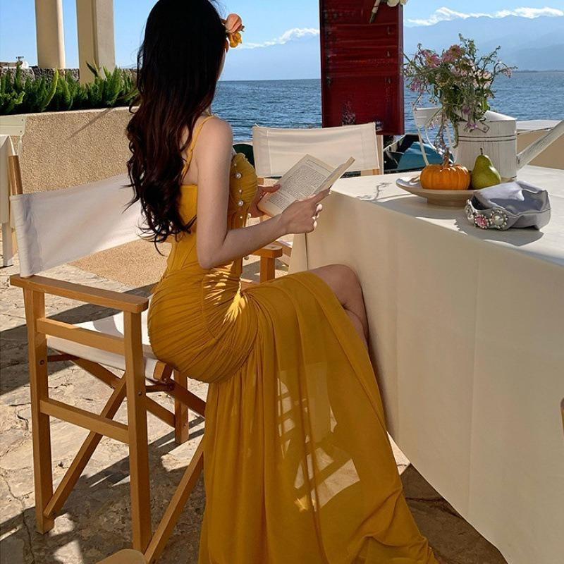Seaside Travel Beach Dress Mesh Split Fork Chest Wrap Holiday Suspender Dress Birthday Dress Hip Wrap Long Dress Women