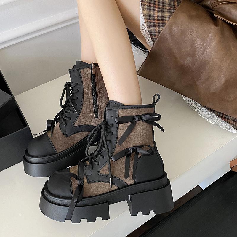 Chunky Platform Heels Women Ankle Boots Casaul Dress Height Increase Short Booties British Style Shoes  Mujer
