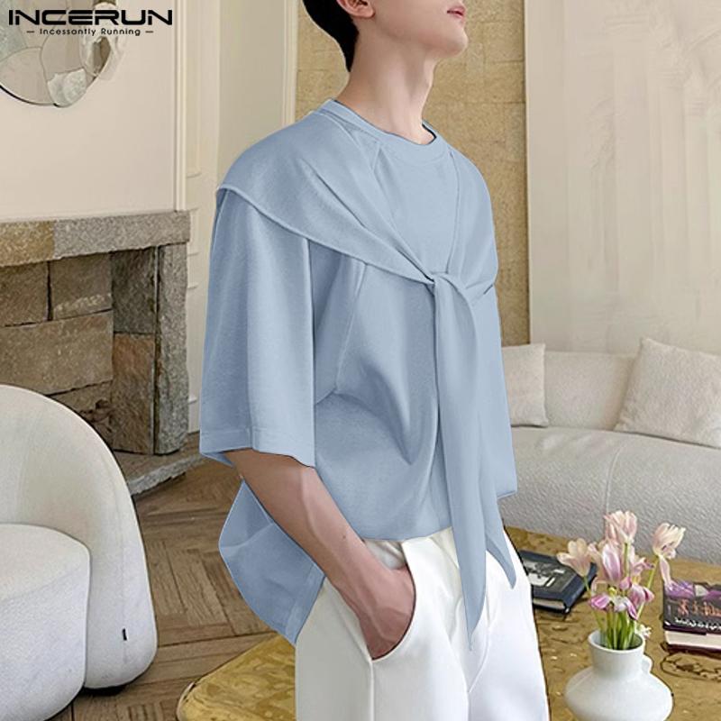 INCERUN Men Round Neck Tie Up Short Sleeve Solid Color Casual Loose Summer T-shirts