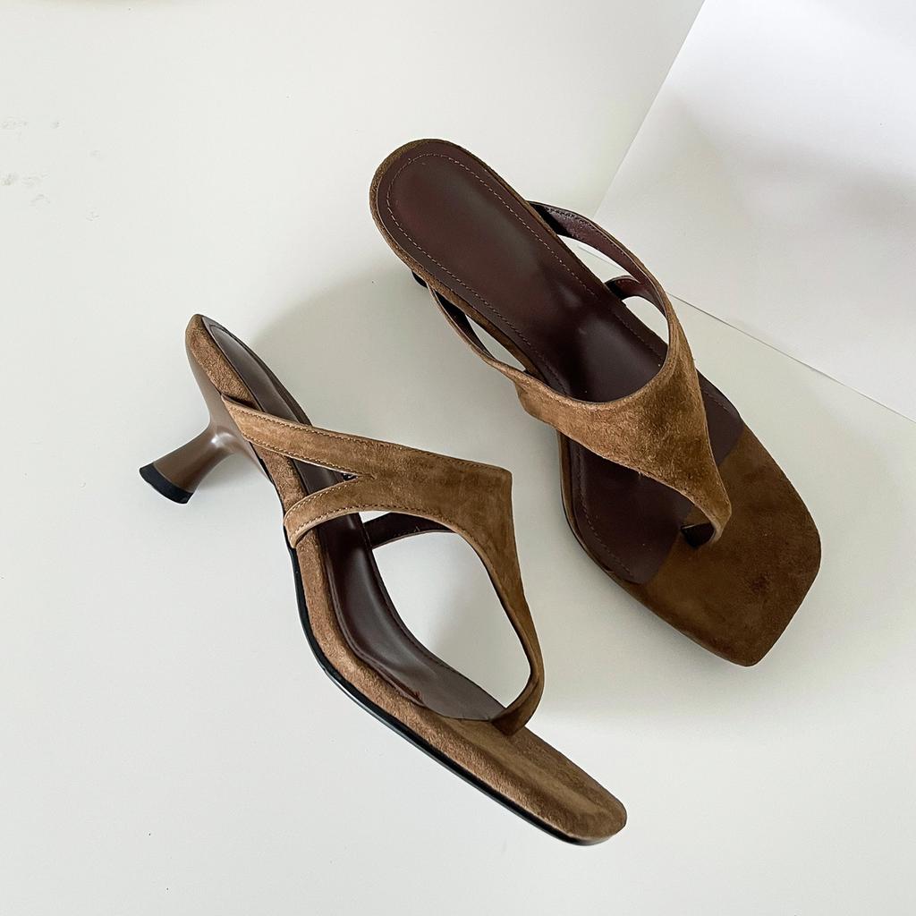 Sheepskin Version~ Retro Temperament Minimalist Toe Thin Heel Cool Slippers Women Wear Flip-Flops Versatile High Heel Sandals