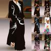 Fashion Graphic Print Long Sleeve Maxi Dress for Women V Neck Loose Casual Floor Length Dress with Pocket