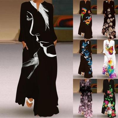 Fashion Graphic Print Long Sleeve Maxi Dress for Women V Neck Loose Casual Floor Length Dress with Pocket
