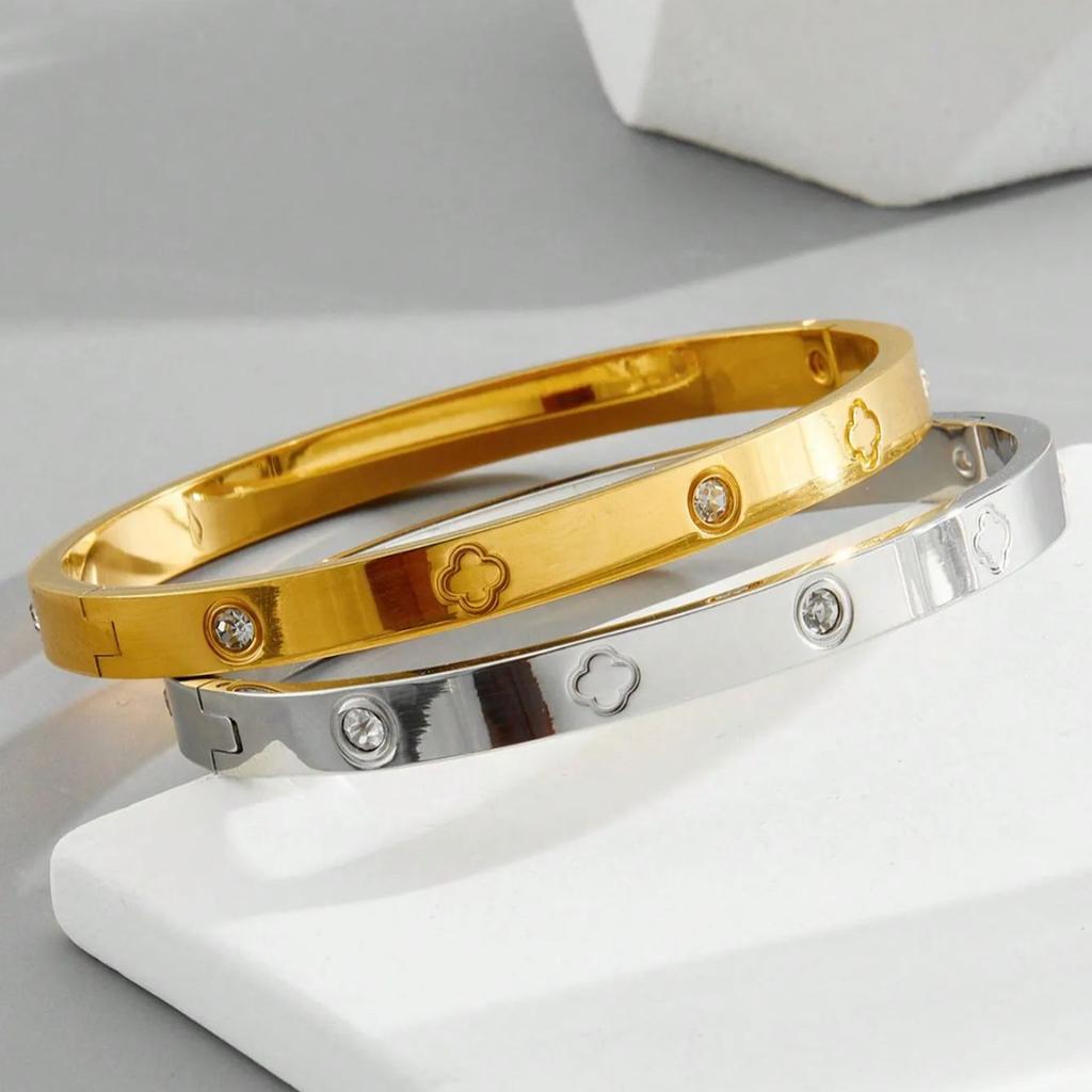 1 Piece Stainless Steel Fashion Clip-On Open Clover Bracelet with Zirconia Suitable for Daily Wear and Holiday Gifts