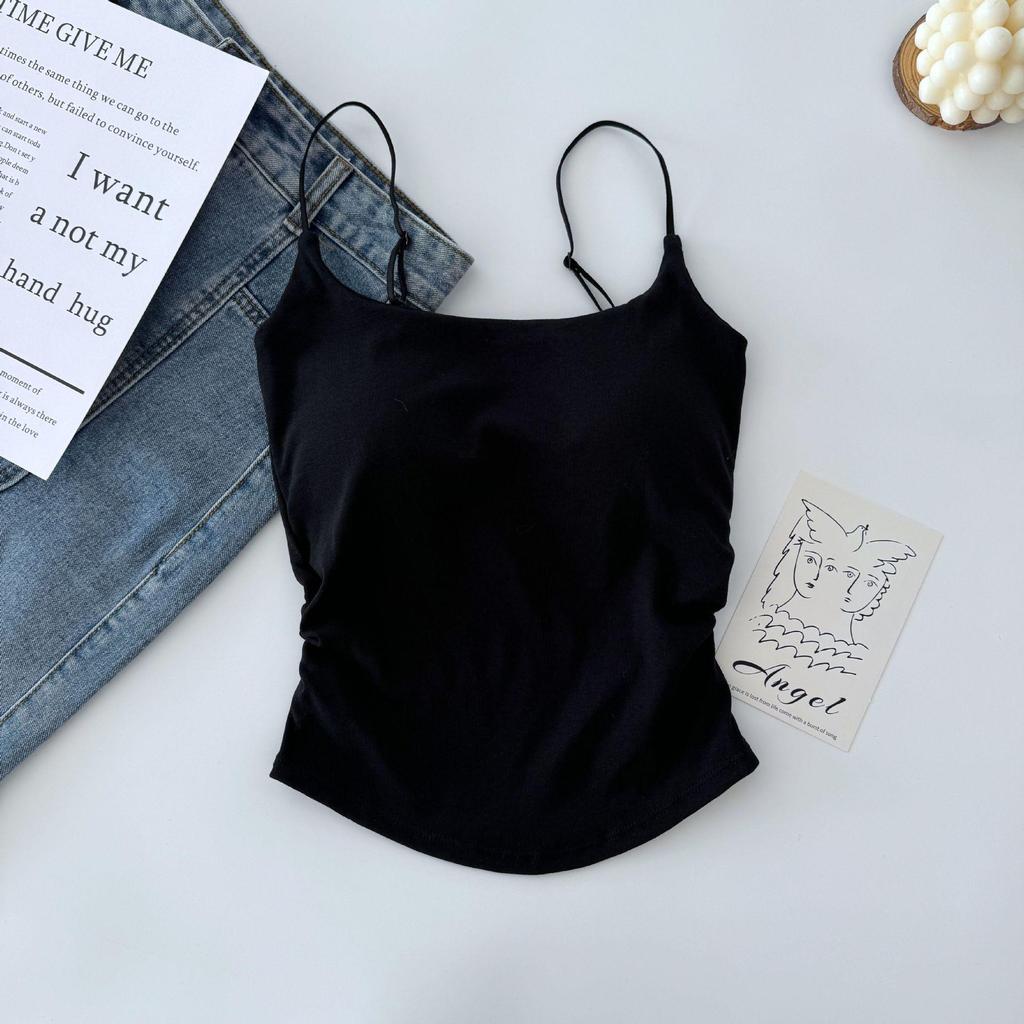 Women's Pleated Camisole: Fresh Design, Slim-Fit, with Chest Pads, Versatile for Outer or Base Layer, Summer-Perfect with Stylish Back