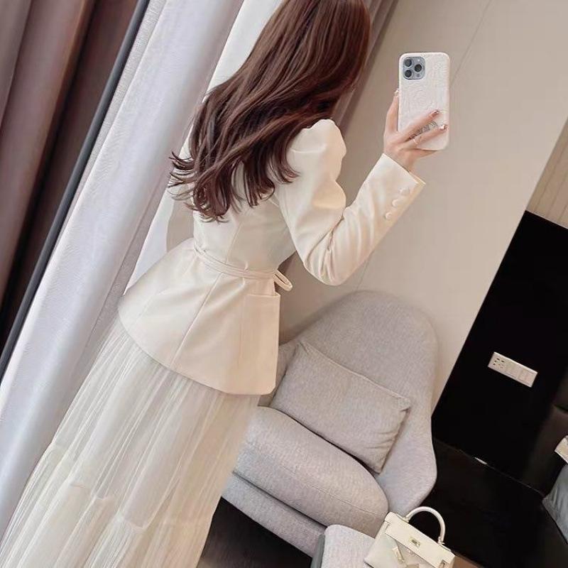 Spring Autumn Skirt Suit Women Elegant Korean Lace-Up Fashion Blazer + Long Mesh Skirt Casual Evening Party 2-Piece Set