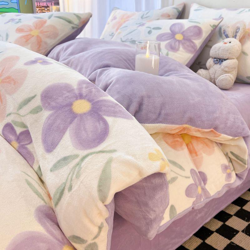 Vintermelk flanell 4-delt sett flens pluss flanell dynesett laken hatter Seng 3-delt sett