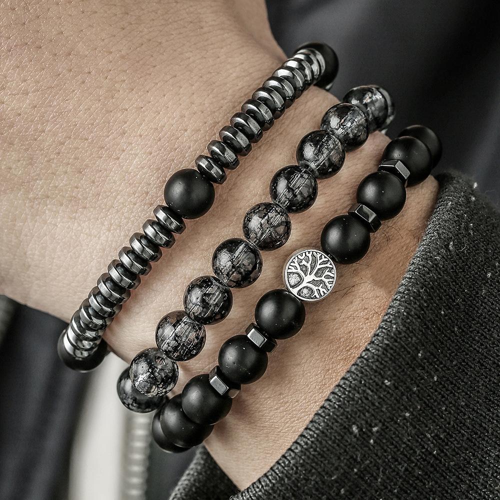 Vintage Schwarzes Mattes Armband Zirkon Krone Diamant Kugel Würfel Löwenkopf Perlenarmband Set