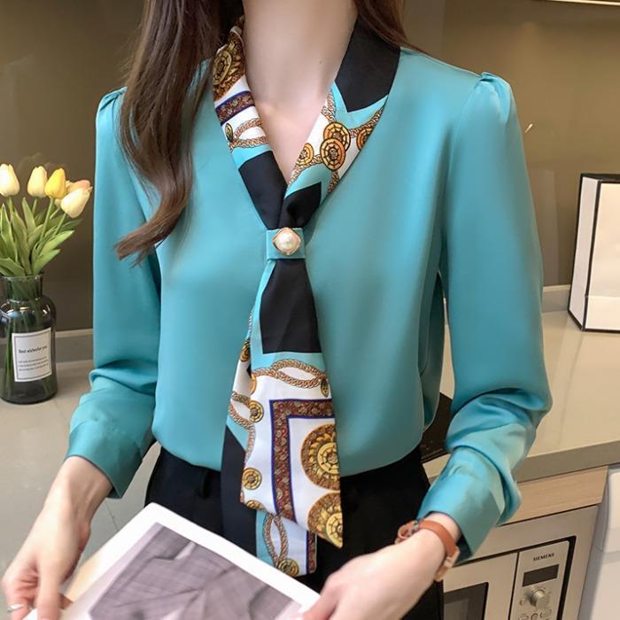 

2025 Spring/Autumn Women s Chiffon Blouse: Stylish Bowknot Tie Design XXL зелёный