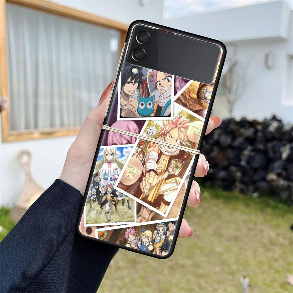 Luxus tok Samsung Galaxy Z Flip 4 3 5G-hez, fekete PC kemény telefontok, divatos hátlap, ZFlip Funda, FAIRY TAIL, anime, kagylózsák