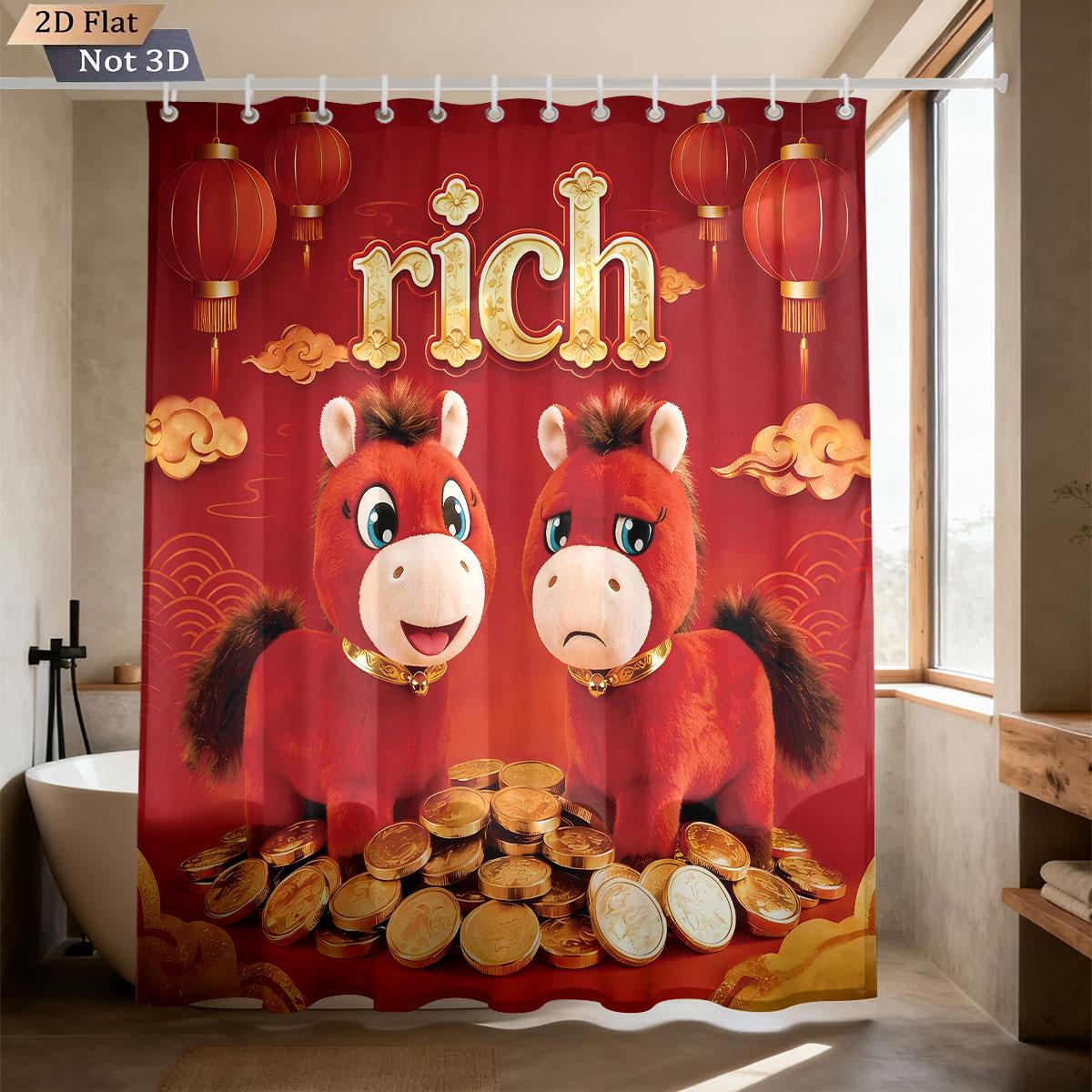 

1Pc Red Lucky Doll Horse Printed Waterproof Shower Curtain Partition Privacy Hanging Curtain 12 Hooks Available In Various Sizes W60H190(CM)-1 Pcs