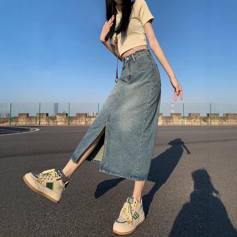 Women's High Waist Denim A-Line Skirt - Retro Loose Mid-Length for Autumn 2024