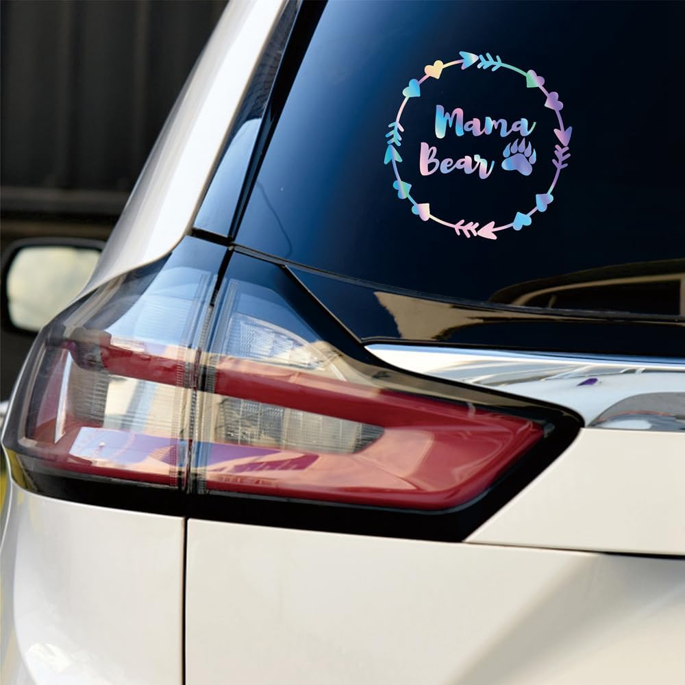 

Mama Bear Paw Print Love Arrow Circle Heart Mom Life Sticker Decal Vinyl - 2 Pack Holographic Iridescent, 4 Inches, 6 Inches - No Background Die Cut
