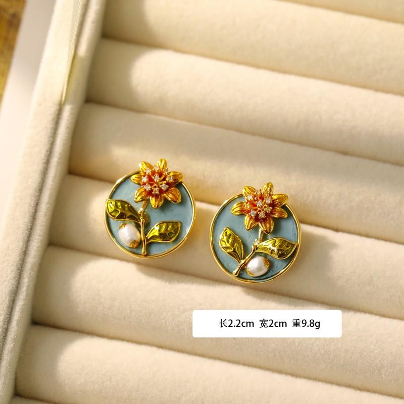 Handmade Baroque Pearl Earrings With Impressionist Garden Design Post Copper Base Matte Gold Green Finish