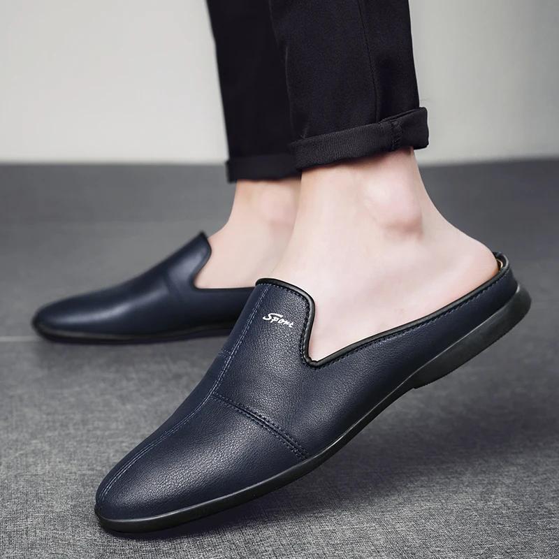 Mote Sommer Mote Halvsko for Menn Tøfler Ekte Lær Loafers Sko Mann Mokasiner Komfort Sklisikker Mannlig Kjøring Fritidssko