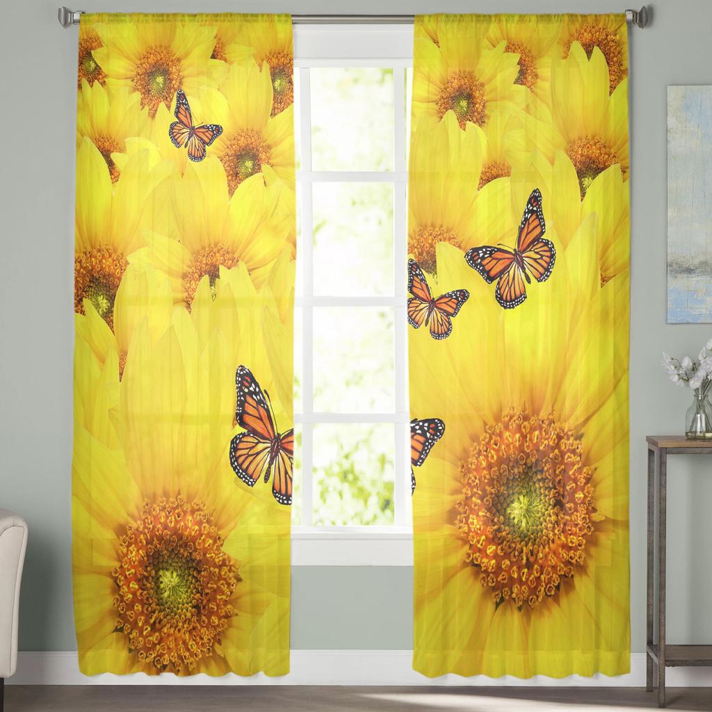 Yellow Sunflower Butterfly Plant Tulle Sheer Window Curtains for Living Room Kitchen Children Bedroom Voile Hanging Curtain