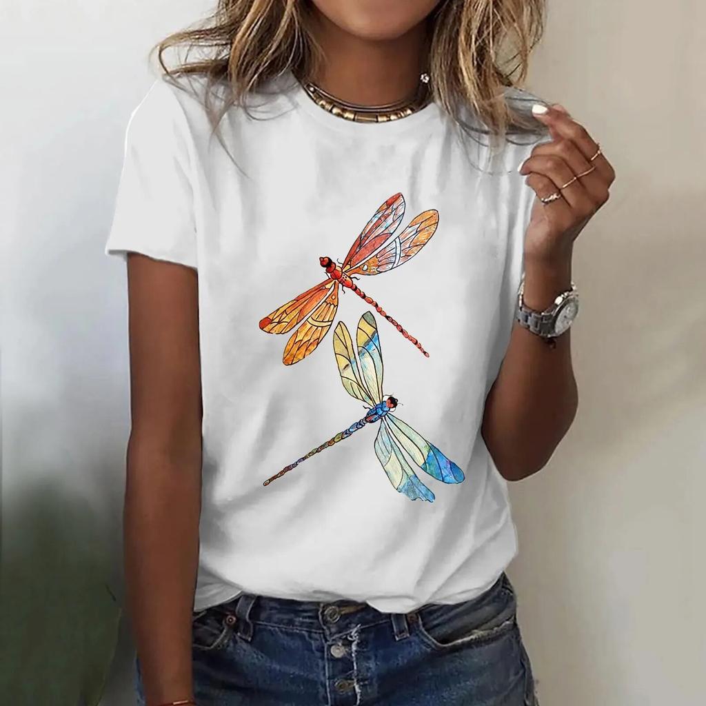 Damska koszulka 3d Dragonfly Printed Girls Top Street O-Neck z krótkim rękawem modna koszulka letnia codzienna koszulka dla kobiet