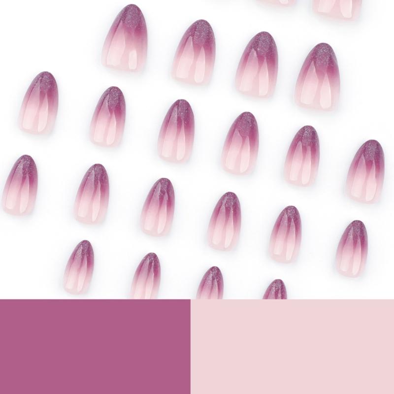 24 Pezzi Unghie Finte Press On French Tip Corte Gradiente Viola Scintillante Forma Mandorla Unghie Finte da Incollare sulle Unghie per Donne Regalo