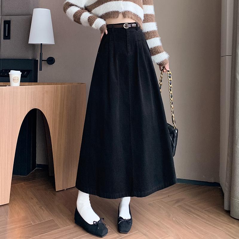 Women's High Waist Corduroy Midi Skirt - 2025 Autumn Winter Korean Style, Large Flare Pleated Design