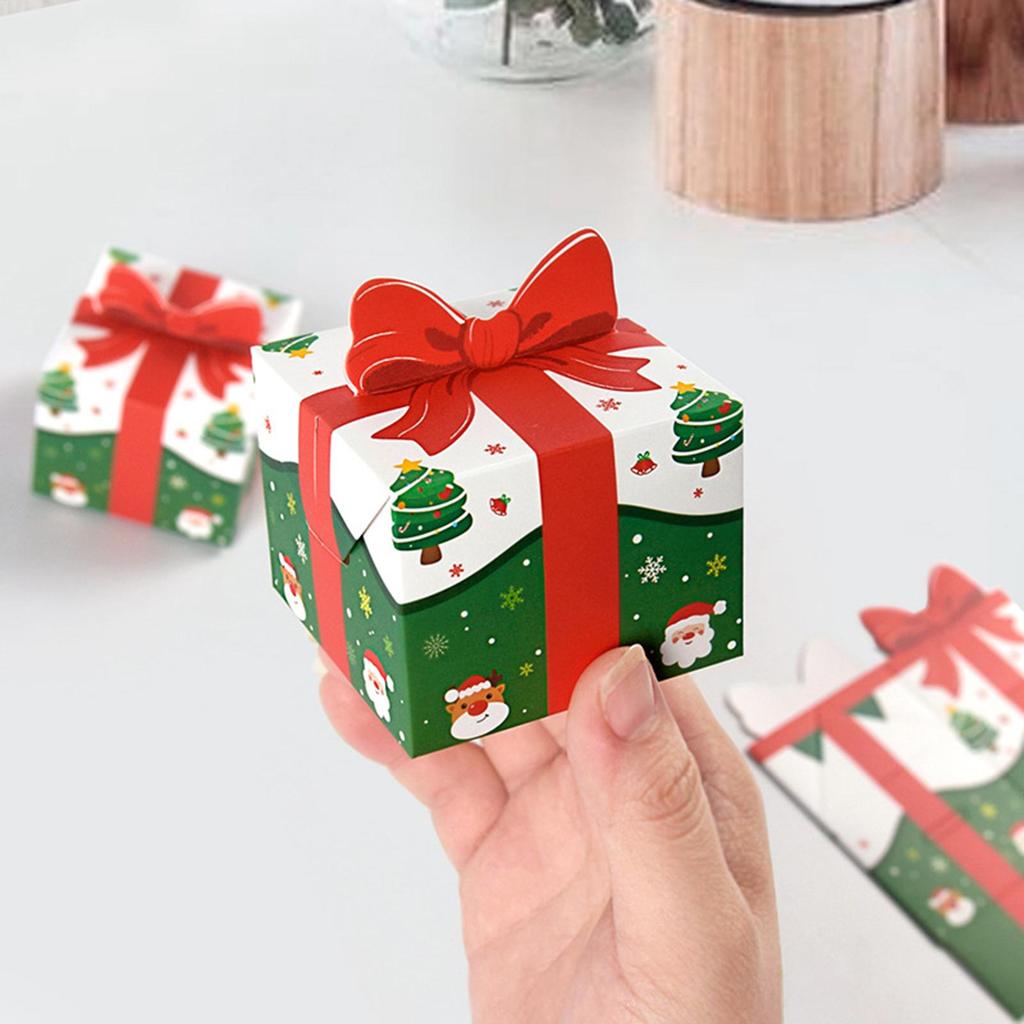 10pcs/pack 3D Christmas Gift Box Red Bow Christmas Gift Packaging Paper Box Mini Christmas Folding Gift Container For Chocolate
