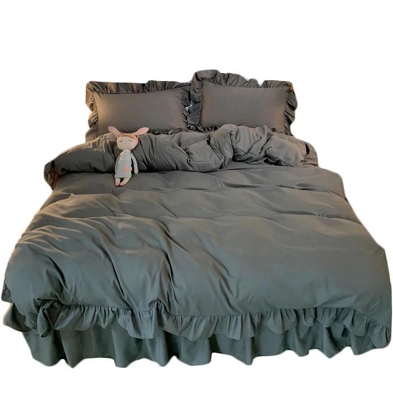 Ins Princess Style Bedding Set For Woman Cute Girl Solid Color Ruffles Duvet Cover Queen King Bed Sheet Bed Skirt Pillow Covers