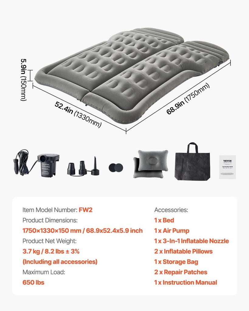 Car Air Mattress Inflatable Car Camping Travel Sleeping Bed SUV MPV Sedan