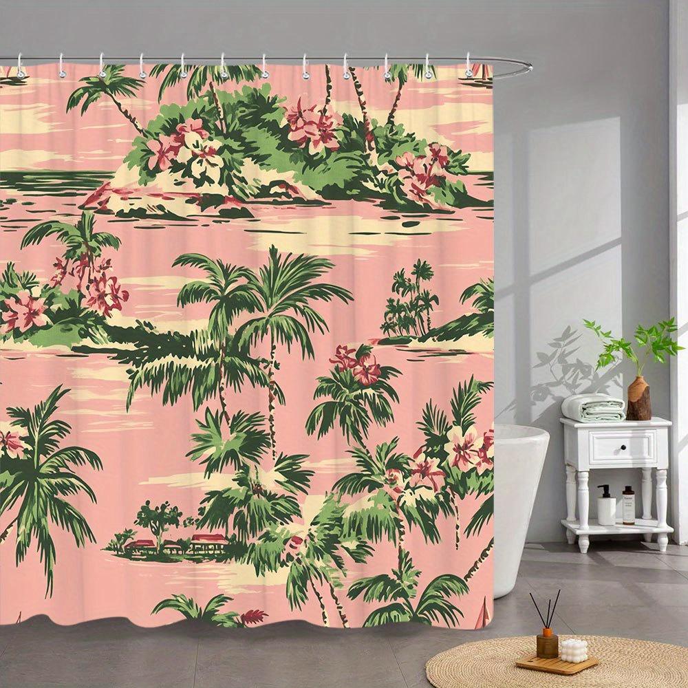 1 Stück Tropischer Strand Duschvorhang - Retro Vintage Küstendesign mit Rosa Sonnenuntergang, Palmen & Hibiskusblüten - Langlebiges Polye