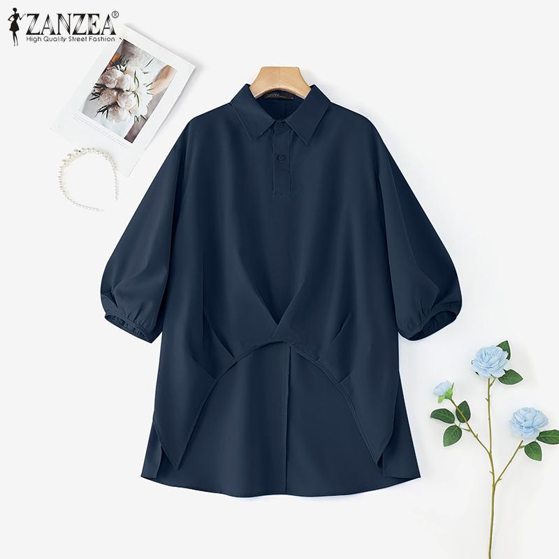 

ZANZEA Женская блузка с круглым вырезом, рукавами 3/4, удлиненная сзади, однотонная, повседневная, свободного кроя 5XL темно-синий