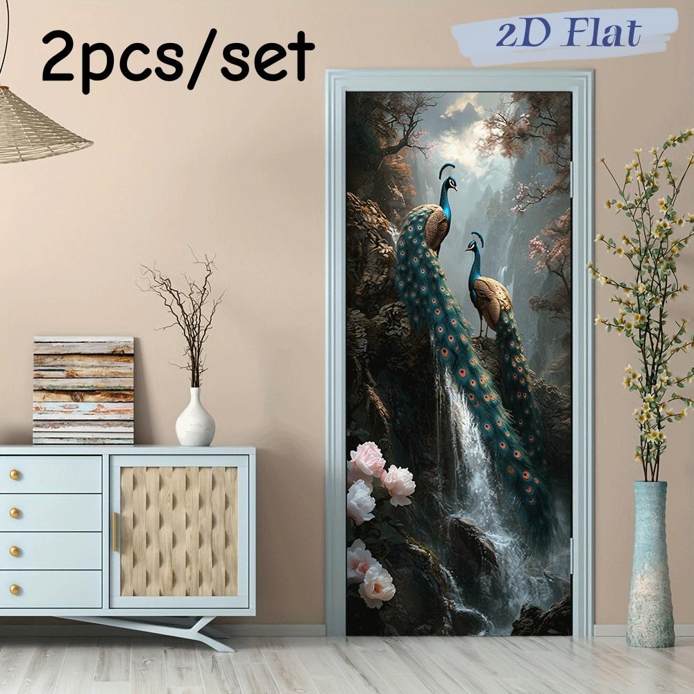 

2pcs Peacock Opening Screen Waterfall Landscape Wall Stickers, Living Room Entrance Decoration Stickers, Self Adhesive Removable (as the picture,38.5x200cmx2)