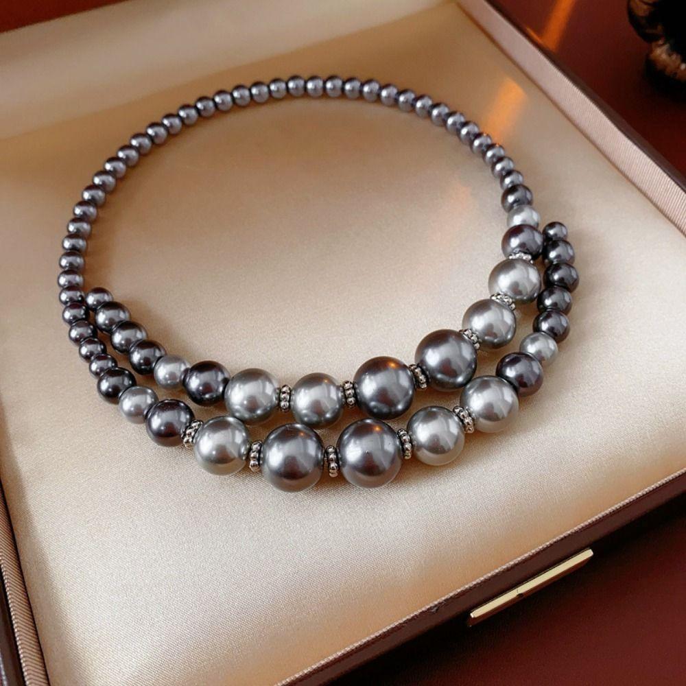 Temperament Glass Pearl Openning Necklace Grey Choker Neck Accessories  Birthday