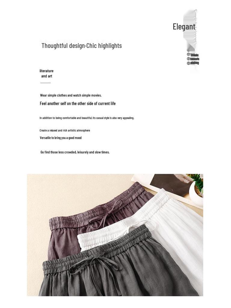 Women's Casual Wide-Leg Elastic Waist Pants - Cotton Linen Double Layer 